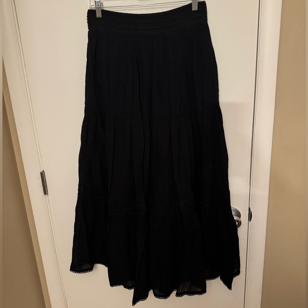 Aerie Black “Crochet the Day” Flowy Boho Tiered Maxi Skirt